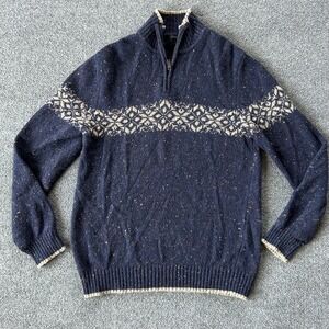 Express Sweater Mens Large Navy Wool Blend Quarter Zip Fair Isle Made Japan